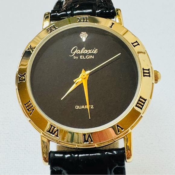 Vintage Elgin Galaxie Diamond Men's Watch Gold Black Dial Leather W213 038 - Picture 11 of 12
